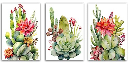 LZIMU Grünes Sukkulenten Kaktus Bild auf Leinwand 3 Stück Aquarell tropische Wüstenpflanze Bilder botanisches Boho Leinwandbild Wanddekoration(Kein Rahmen (aufgerollte Leinwand) 20x25cmx3 Stück)