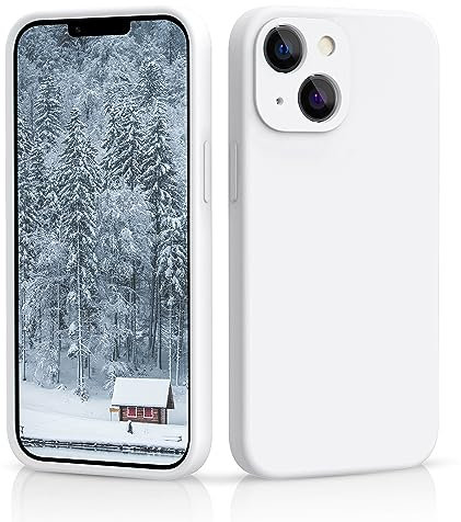 CALOOP Slim-Fit for iPhone 13,Sturdy Shockproof Hard Frame Cover with Anti-Scratch Microfiber Lining,Skin Soft Liquid Silicone,Full Protection for Screen and Camera Lens(White)