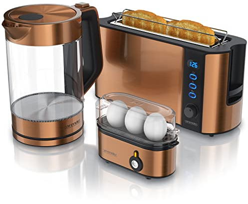 Ensembles Bouilloire et grille-pain et cuiseur à oeufs SET Bouilloire en inox 1,7 L 2200W Filtre Grille-pain 2 Tranches 6 niveaux de brunissage viennoiserie Cuiseur à oeufs 1-3 oeufs Verre doseur