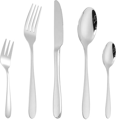 CAOPAOTI Set de cubiertos completas para 12 personas, Juego de cubiertos acero inoxidable 60 piezas, Cubertería diseño elegante con cuchara cuchillo y tenedor, Pulido a espejo