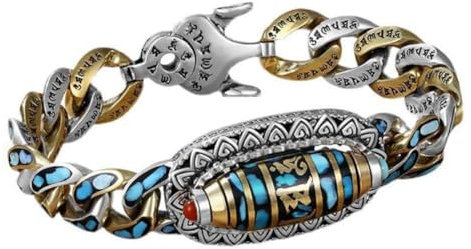 LVTFCO Türkisfarbenes Armband mit 6 Zeichen Mantra, neunäugig, Dzi-Perlen, verstellbar, Uni, 18–22 cm, Polycarbonat