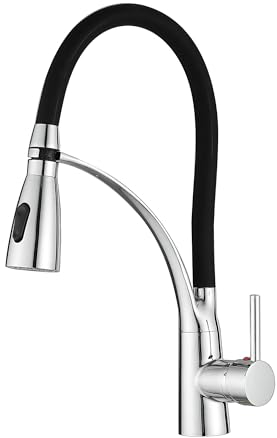 Haiba Chrome Kitchen Mixer Tap with Pull Down Dual Function Sprayer, Single Lever 360° Swivel Kitchen Sink Taps with Black Silicone Hose, Solid Brass