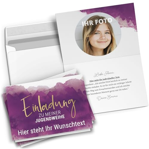 10 personalisierte Jugendweihe Einladungskarten mit eigenem Text und Foto - Aquarell Look Lila Mädchen - Einladungen mit Umschlägen