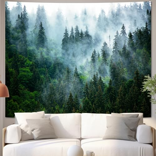 Atrippy Wandteppich mit Nebelwald für Schlafzimmer, Naturnebel, neblige Landschaft, Wandbehang, grüne Bäume, Wandkunst, Vintage-Retro-Raumdekoration für Wohnzimmer, Studentenwohnheim, 130 x 152 cm