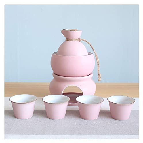 CUNTO Sake-Becher-Set, Aufbewahrungsbox, Sake-Set, Tassen mit Wärmer, Keramik-Heißgetränk, 7-teilig, inklusive Herd, Wärmebecher, Sake-Flasche für 4 Tassen, Weiß (Lila Q) (Pink Q)