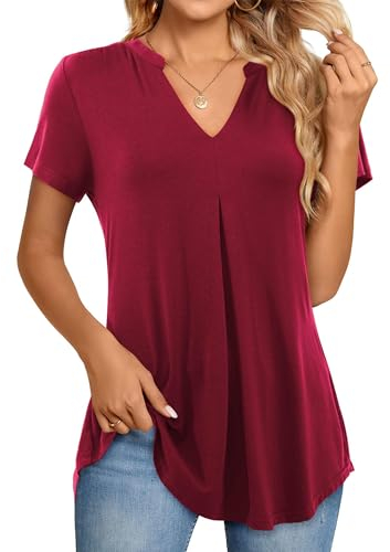 Beluring Damen Shirt Sommer Elegant Kurzarm Oberteile V-Ausschnitt Einfarbig Tunika T-Shirts Weinrot XXL