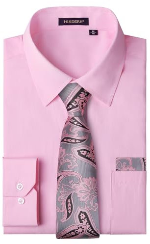 HISDERN Camicia Rosa Uomo Elegante Manica Lunga Camicia con Cravatte Regolare Fit Matrimonio Nozze Classico XL