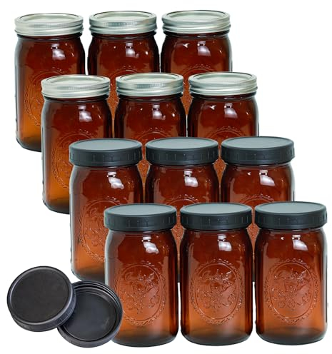 Jumterlee 12 Pack 32 oz Amber Wide Mouth Mason Jars with Lids and Bands, 12 Black Plastic Lids, Amber Glass Jars