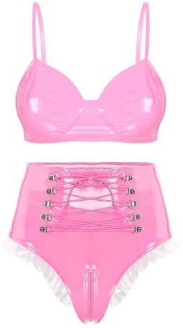 Fldy Frauen Lack Leder Latex Outfit Dessous Set Gogo Rave Outfit Damen Wetlook Hotpants Crop Top Shorts Bra Set Party Clubwear Rosa_A L