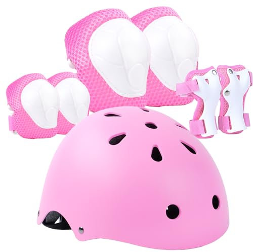 LANOVAGEAR Casco Bici Protezioni Set,Caschi per Bambini 2-14 Anni Regolabile Gomitiere Polso Ginocchiere Set di Protezione per Bambina per Skateboard Pattini in Linea Bicicletta (rosa, S)