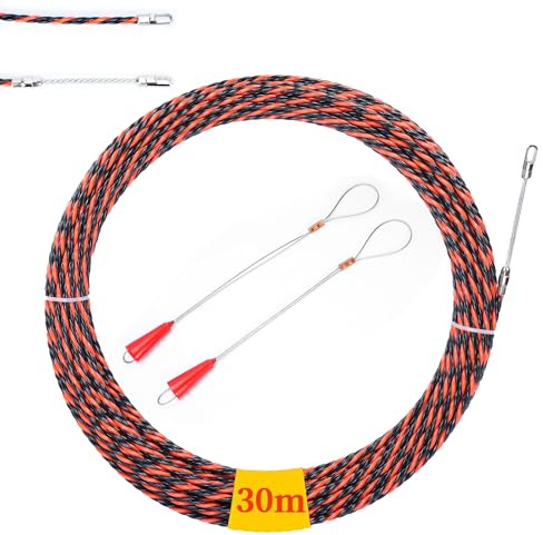 aleawol Kabeleinziehhilfe 30m Einziehspirale Zugdraht,6mm kabel Durchziehhilfe Einziehspirale Glasfaser mit 2 Führungsfeder Einziehband für Kabelverlegung Leerrohre Zugdraht Einziehdraht,Orangeschwarz