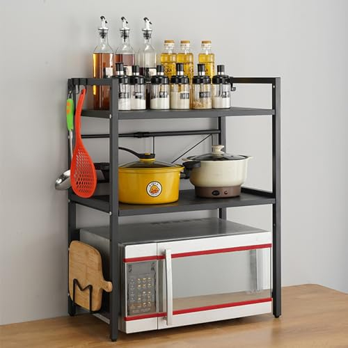 Soporte for Microondas Y Horno Cocina 3 Niveles, Estanteria for Microondas Encimera con 6 Ganchos, Mueble Extensible Microondas Cocina(Color:Black)