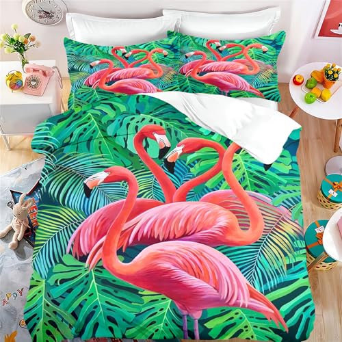 FABTOP Flamingo Bettwäsche 135x200 Rosa Flamingo Bettbezug Süßes Tier Blumen Flamingo Bettwäsche-Set Flamingo Dekor Bettbezug Set Mädchen Tropisch Rosa Flamingo (4,135x 200 cm)