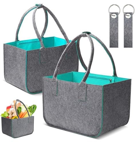 BEELUKY 2 Stück Filztasche Einkaufskorb,Filztaschen Shopping Bag, Einkaufstasche mit Henkel,Filz Einkaufskorb Faltbar 40x27x27cm, Filztasche Shopper für Einkaufen,Trips,Picknick, Dunkelgrau/Grün