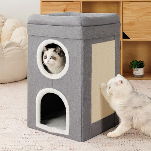 FURRYPAWS Cat House Indoor 2 Layer Cats Cave with Scratching Board, Multi-Level Kitten Bed for Indoor Cats, Cozy Cat Igloo Bed with Soft Velvet Spacious for Small & Medium Pets Grey