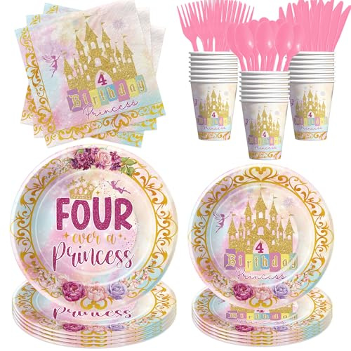 Srua Don Princess 4th Birthday Party Decorations Tableware, Pink and Gold Girl's Four Ever a Princess Birthday Party Supplies, Paper Plate, Cup, Napkin, Disposable Cutlery, Serves 24