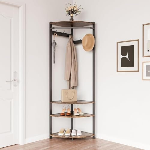 Garderobenständer Ecke, 180CM Metall-Eckgarderobe, freistehende Eck-Garderobe mit 6 beweglichen Haken,und Aufbewahrungsregal & Schuhregal, Aufbewahrungsregal für Flur Wohnzimmer Schlafzimmer -B