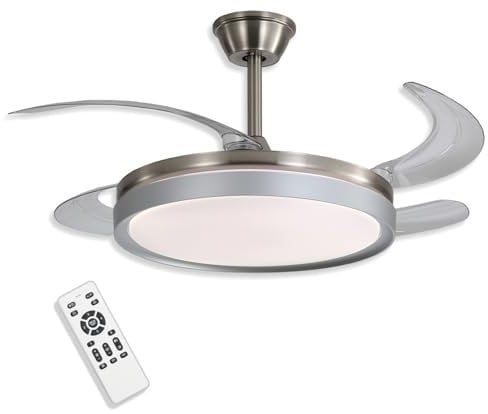 Ventilador de Techo 42 LED 48W Níquel Cepillado – Motor DC Silencioso, Aspas Transparentes retráctiles, 6 Velocidades, Reversible, Mando a Distancia
