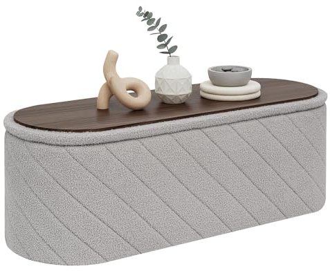 PINPLUS Klappbare Sitzbank mit Stauraum, Bettbank, 110x38x38 cm, Grau | Ovale Form, weicher Boucle-Stoff, faltbare Sitztruhe, Fußbank, Aufbewahrungsbank, für Wohnzimmer, Schlafzimmer, Flur