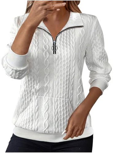 Dyhxuan Langarmshirt Damen 1/4 Zip Pullover Stehkragen Oberteile Einfarbig Bluse mit Jacquard Casual Langarm Shirt Elegant Blusenshirt mit Tasche