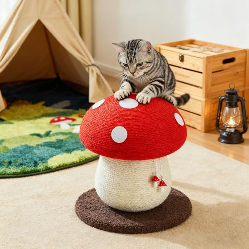 Pilz Kratzbaum Klein, Katzenkratzbaum 34 cm, Kratzstamm mit Sisalseil und Stabiler Bodenplatte, Katzenbaum, Katzenkratzbaum, Innenkratzbaum für Kätzchen und Erwachsene Katzen (Rot)