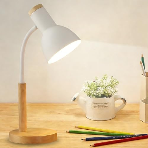 Leikurvo Lampada da scrivania per bambini, lampada da tavolo a LED, E27, con braccio regolabile, in metallo e legno, stile nordico, per camera da letto, soggiorno, studio (bianco)