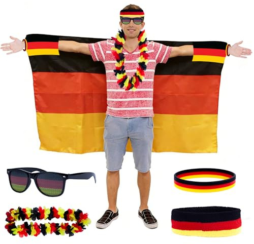 Accjzzlyn 5er-Set Deutschland Umhangflagge Kostümset, Deutschland Blumenkette, Umhangflagge, Deutsche Spaßbrillen, Germany Silikonarmband & Haarreifen, Fanartikel für Fußball Party Parade