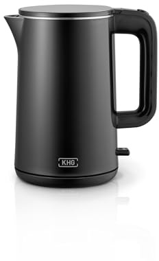 KHG Wasserkocher WK 102W 1,5 L Edelstahl 2200 W kabellos mit 360° Sockel Abschaltautomatik Trockengehschutz kompakt schwarz modern leicht zu bedienen