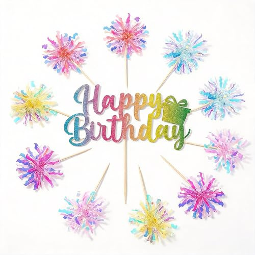 Happy Birthday Cake Topper Gradient Color - 11PCS HB Cake Decorations Set with Rain Streamers for Birthday Party, Cocktail Drink Decorations