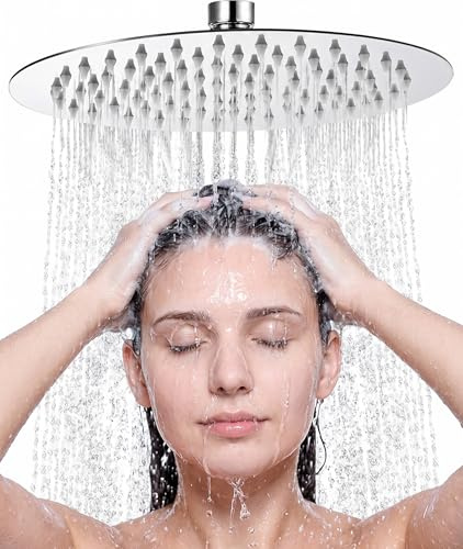 High Pressure Fixed Rainfall Shower Head - Adjustable Overhead Rain Shower Heads 10 inch - Large Round Waterfall Shower Top Spray Head - Replacement Chrome Showerhead G1/2 Fitting