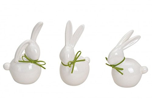 3er Set - Süße Häschen aus Porzellan in weiß mit grüner Schleife - Höhe 11-14 cm
