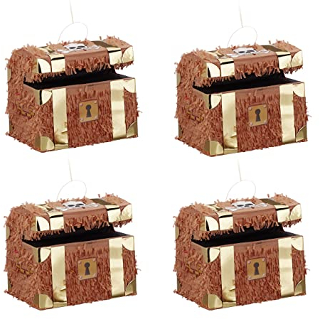 Relaxdays 4er Set Pinata Schatzkiste, zum Aufhängen, Kinder, Mädchen, Jungs, Geburtstag, Befüllen, HxBxT: 27 x 30 x 23 cm, braun
