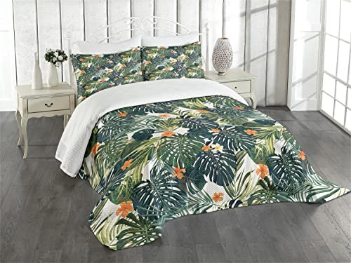 ABAKUHAUS Hawaii Tagesdecke Set, Bunte Polynesien Pflanze, Set mit Kissenbezügen Romantischer Stil, für Doppelbetten 220 x 220 cm, Fern Green Jade Grün Orange