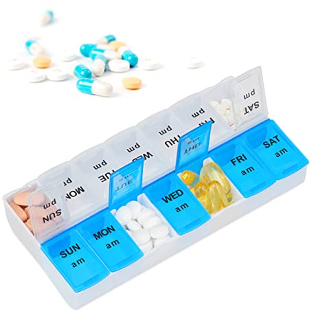 Relaxdays, weiß-blau Tablettenbox für 7 Tage, 2 Fächer, morgens & abends, Klappdeckel, wöchentliche Pillendose, Englisch, 1 Stück