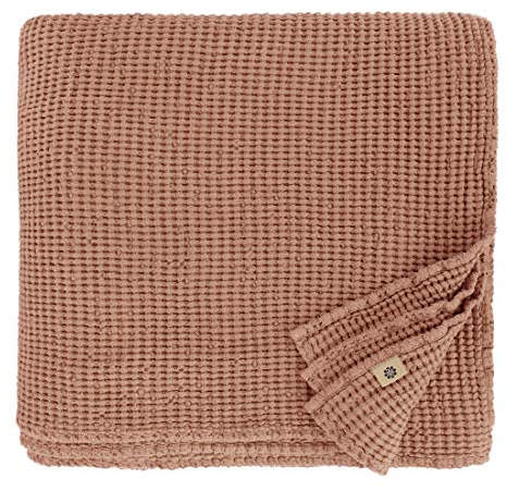 Linen & Cotton Plaid Decke Sommer Tagesdecke Waffelpique Enzo - 48% Leinen, 52% Baumwolle, Coral Rosa (150 x 210 cm) Leinendecke Baumwolldecke Wohndecke Blanket Überwurf Bett Bettwäsche Bettüberwurf