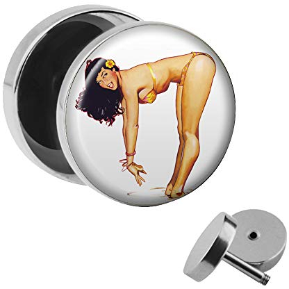 Treuheld | Ohrstecker zum Schrauben - PIN UP Girl - Sexy Aloha-Girl im Bikini - Ø 10mm Silber - Motiv Fake-Plug Edel-Stahl Ohr-Ringe - Chirurgen-Stahl 316LFake-Tunnel - Gewinde Ohr-Stecker Hawaii