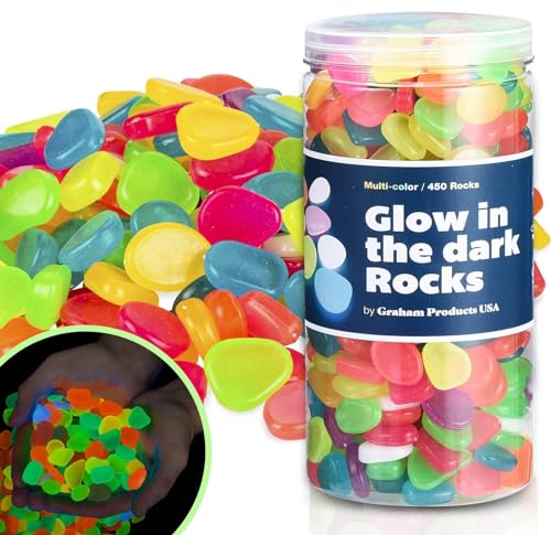 Productos Graham 450 Uds. Rocas Multicolores Que Brillan en la Oscuridad | Uso en Interiores y Exteriores: jardín, guijarros para peceras, maceteros, decoración de pasarelas y más.