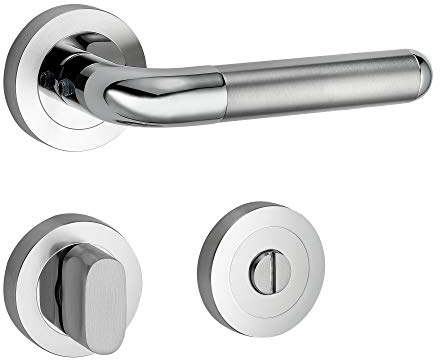 Design Drückergarnitur Angel | Schnellmontage Schraubrosettenoptik | Festdrehbare Lagerung | Edelstahl matt/Edelstahl poliert (WC/Bad)