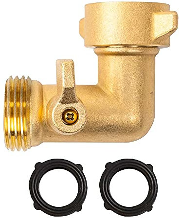 Xiny Tool 90 Degree Garden Hose Adapter with Shut Off Valves, 3/4 Solid Brass Garden Hose Elbow Connector with 2 Extra Pressure Washers