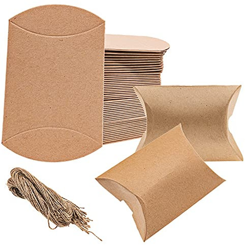 KYYLZ 50 Stück Vintage Kraftpapier Kissen Boxen, Kraftpapier Süßigkeiten Geschenk-Boxen mit String, Kraft Geschenk-Boxen, gelten für Graduierung Party Hochzeit Geburtstag Geschenk
