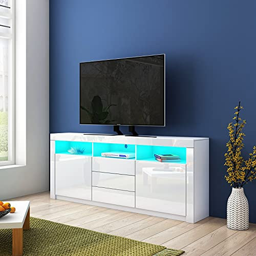 160cm TV Stand Unit High Gloss Sideboard Wooden TV Cabinet with 3 Drawers 2 Doors LED Light for Living Room Bedroom Furniture White
