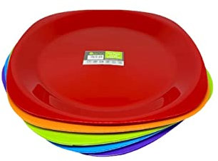 ECO 4 Pc Unbreakable Flat 27 x 27 cm Multi Color Round Plastic Plates | Large Bright Kids Plates | Stackable Plastic Plates Reusable for Birthdays, Picnic, BBQ & Parties (Rainbow, Large)