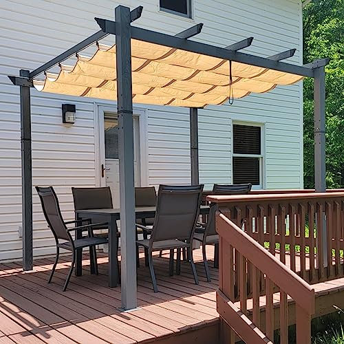 PURPLE LEAF Grain de Bois Pergola Aluminium 3 x 3 m Extérieur, Abri Soleil Toile Teint en Fil, Kaki, Pavillon De Jardin Rétractable pour Terrasse