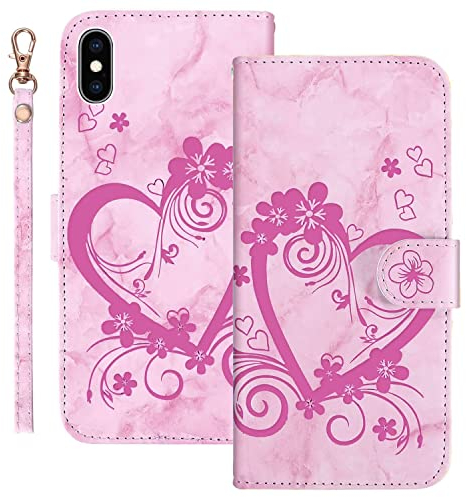 Ailisi Handyhülle für iPhone XS Max (6,5 Zoll), Blume Liebe Herz Muster Marmor PU Leder Klapphüllen Schutzhülle Brieftasche Handytasche Etui Magnetisch Flip Cover Case - Rosa
