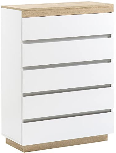 HOMCOM Kommode mit 5 Schubladen Schubladenkommode Mehrzweckschrank Sideboard Schrank Eiche+Weiß 80 x 40 x 109 cm