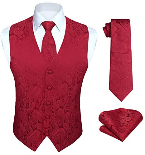 HISDERN Hochzeitsweste Herren Burgund Paisley Rosa Weste Floral Jacquard Krawatte Einstecktuch Einstecktuch Hochzeit Party Fit Weste Anzug Set XL