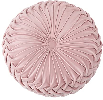 NatureMan Coussin de canapé rond de 34,8 cm en velours de couleur pure, coussin rond plissé, coussin citrouille adapté pour la décoration de la maison, du lit, de la voiture (rose)