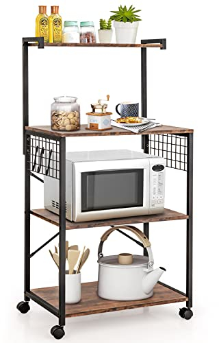 GIANTEX Estante Móvil de Cocina de 4 Niveles con 3 Ganchos, Soporte de Horno de Microondas Rodante de Madera con Ruedas, para Cocina, Comedor, Sala de Estar, Marrón