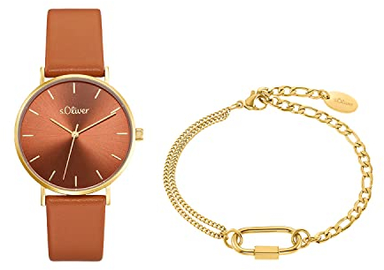 s.Oliver Armbanduhr Damen Quarzuhr Analog, mit Leder Armband, Orange, 3 bar Wasserdicht, Kommt in Uhren Geschenk Box, 2034690