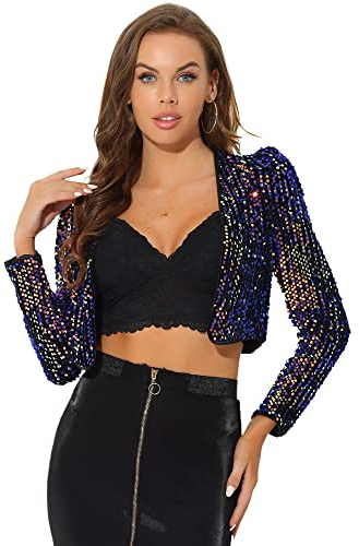 Allegra K Damen Pailletten Jacke Langarm Party Club Offen Glitzer Cardigan Kurzjacke Glitzer Bolero Orange Lila M
